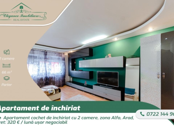 Apartament cochet de inchiriat cu 2 camere, zona Alfa, Arad