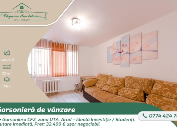 Garsoniera CF2, zona UTA, Arad – Ideală Investiție / Studenți, Mutare Imediată