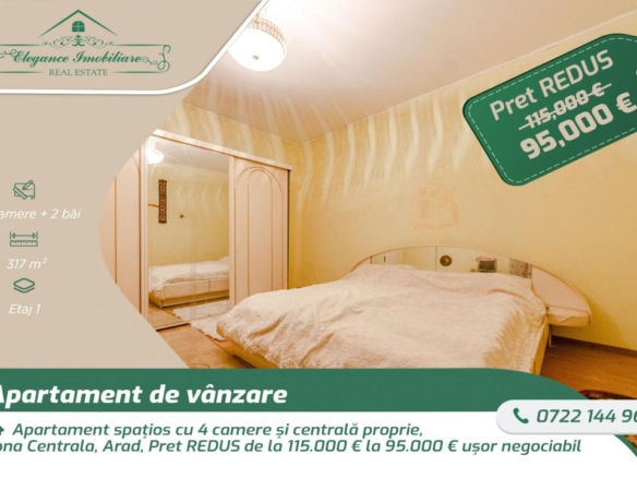 Apartament spațios cu 4 camere și centrală proprie, zona Centrala, Arad