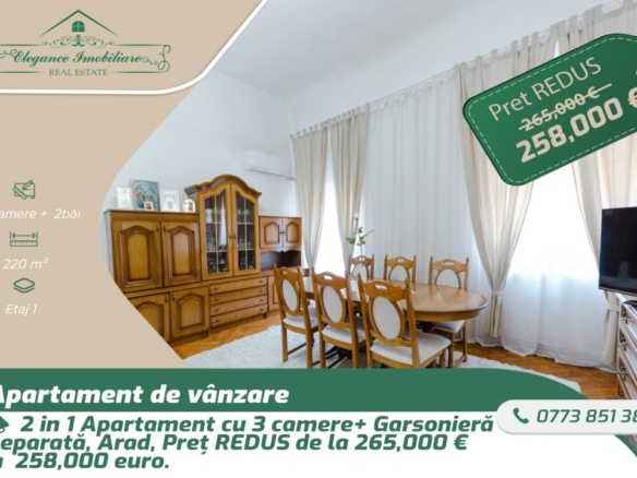 Apartament spatios cu 3 camere +garsoniera separata, zona Ultracentrală, Arad