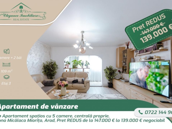 Apartament spațios cu 5 camere, centrală proprie,  zona Micălaca Miorița, Arad