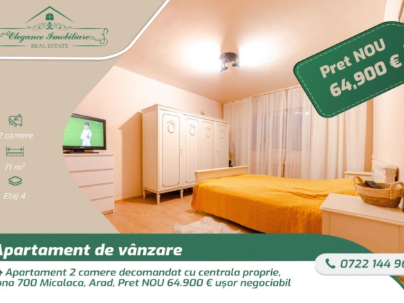 Apartament 2 camere decomandat cu centrala proprie, zona 700 Micalaca, Arad